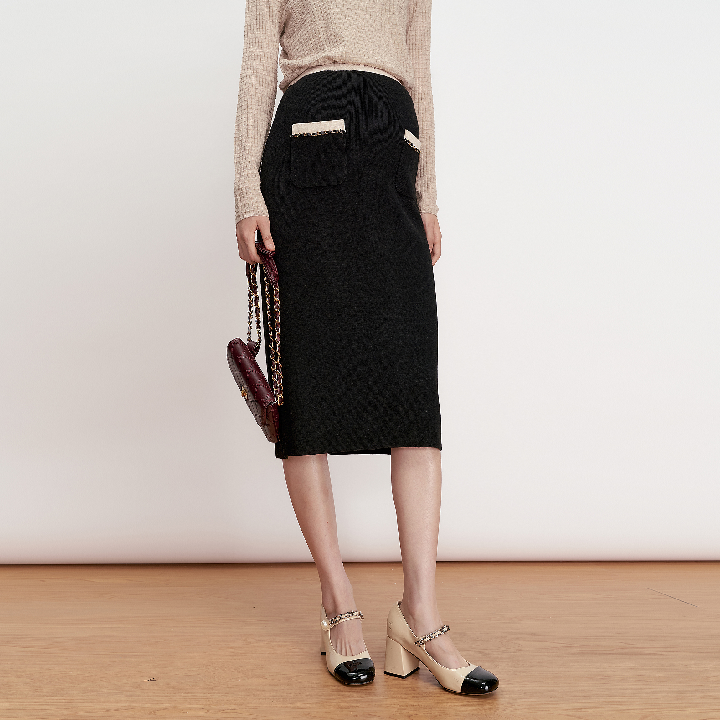 SELLYNEAR法式针织小香链条半裙