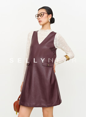 SELLYNEAR孕妇套装春秋款时尚安可拉红V领时尚蕾丝打底皮裙两件套