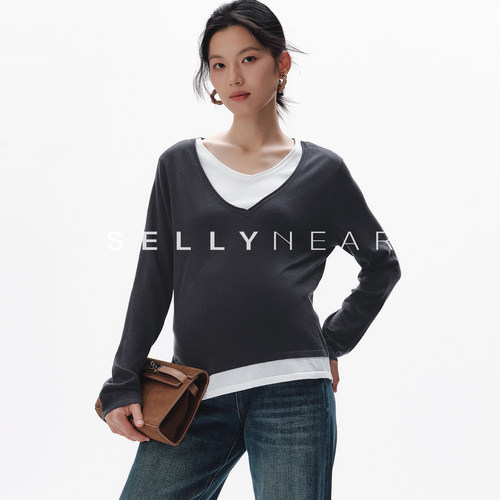 SELLYNEAR孕妇装哺乳上衣2026秋季新款时尚撞色双层叠穿V领针织衫