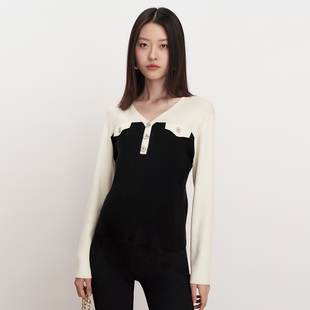 V领撞色小香风绵羊毛打底上衣 时尚 SELLYNEAR孕妇毛衣秋冬装 新款