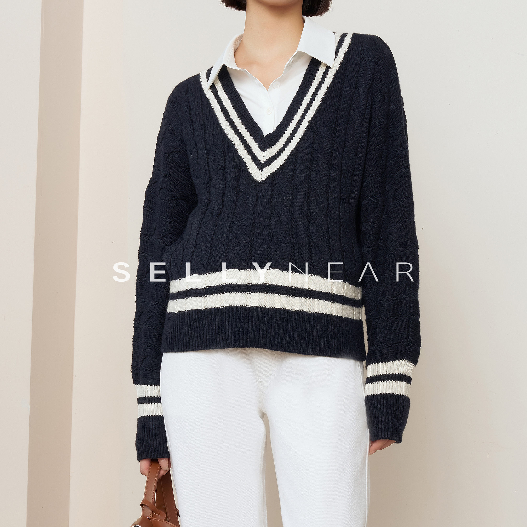 SELLYNEAR孕妇装针织衫春秋新款复古藏青色撞色休闲针梭拼织上衣