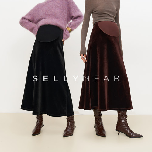 SELLYNEAR孕妇半身裙秋冬新款时尚法式复古遮肉显瘦丝绒托腹伞裙