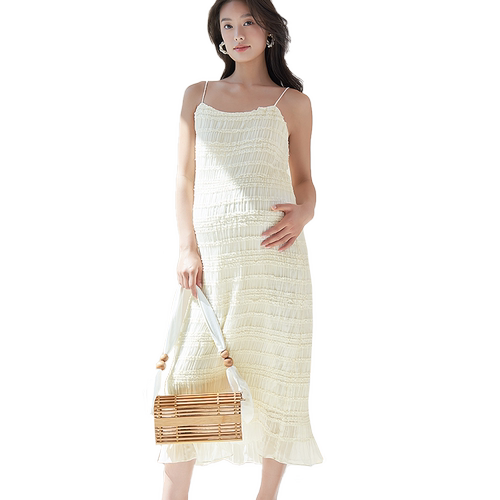 SELLYNEAR孕妇夏装吊带连衣裙时尚轻奢荷叶边重工褶皱孕妇裙夏季