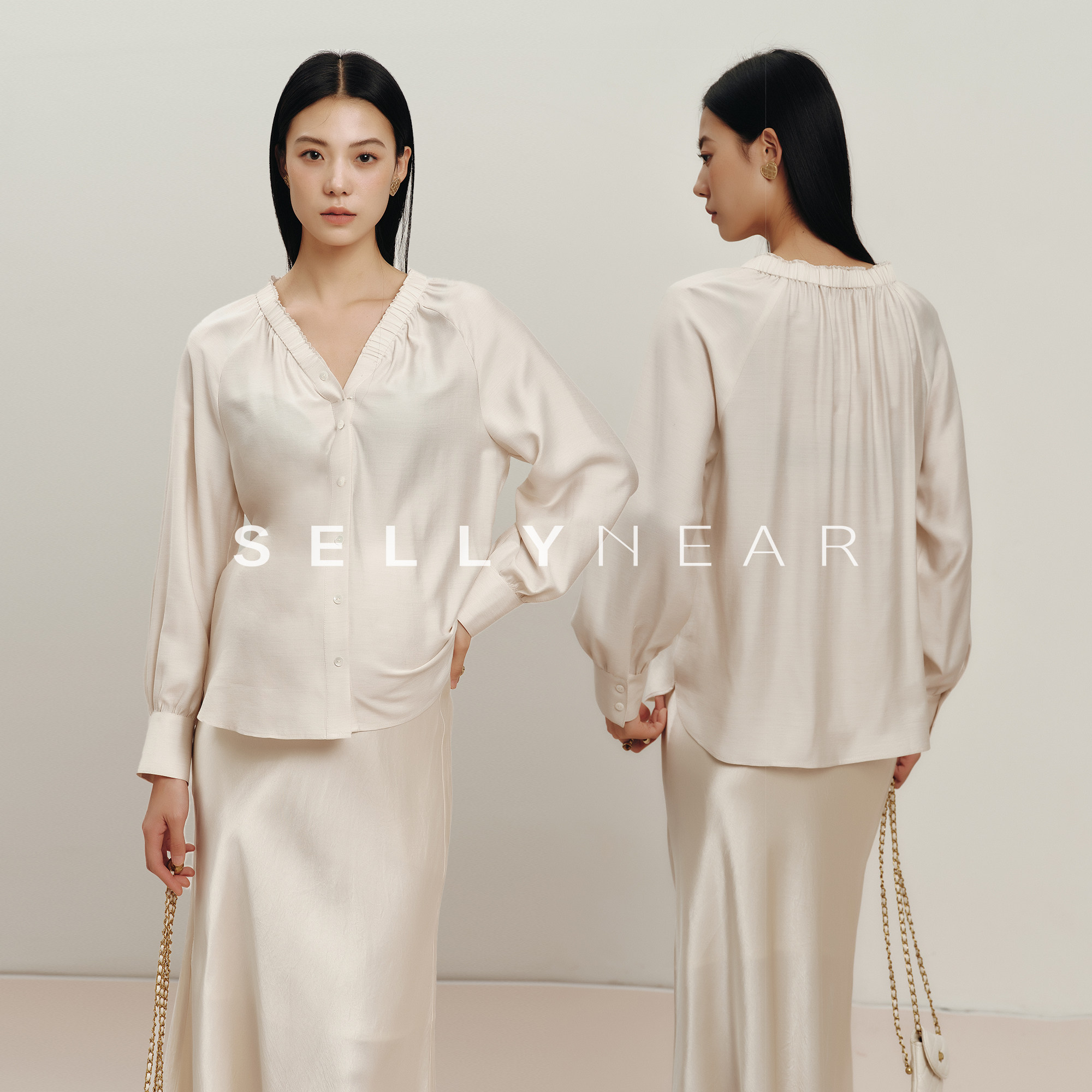 SELLYNEAR孕妇衬衫春季新款上衣时尚立体褶皱v领宽松可哺乳衬衣