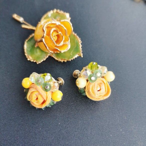 vendome花朵莱茵石耳夹无标vendome珐琅釉彩胸针vintage古董首饰