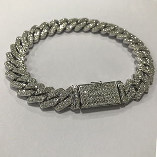 古巴莫桑石钻手链 Cuban 925银 Bracelet 满钻古巴链 嘻哈 12mm