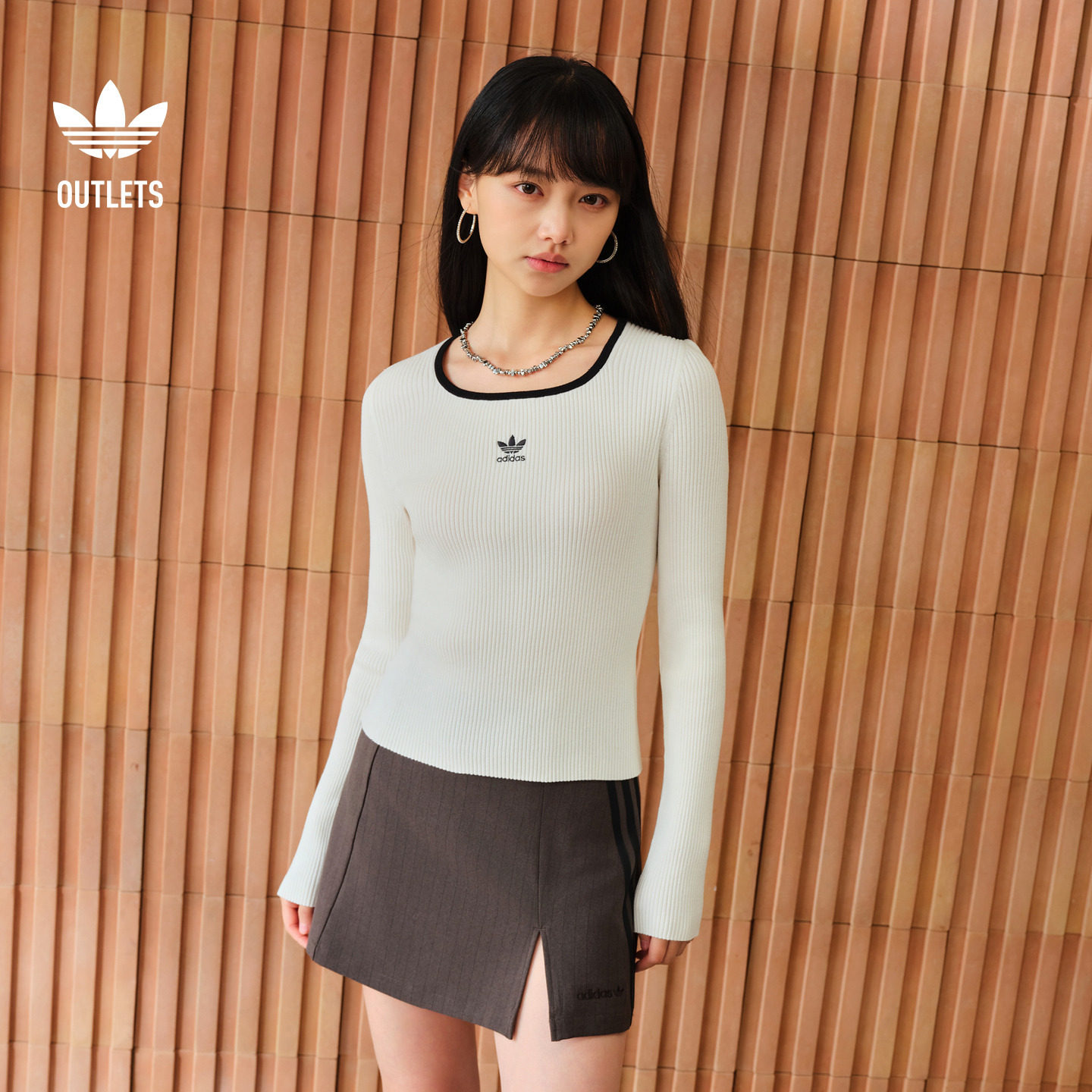 adicolor复古穿搭紧身方领针织套头衫女adidas阿迪达斯三叶草