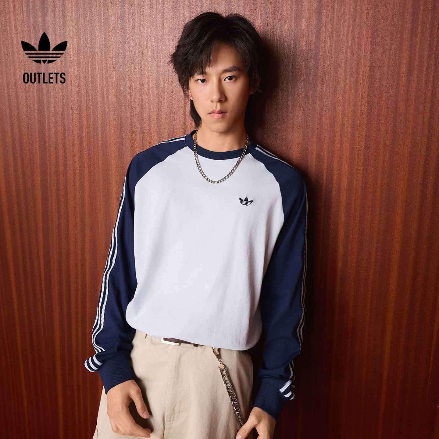 休闲百搭纯棉宽松撞色上衣圆领长袖T恤男adidas阿迪达斯三叶草