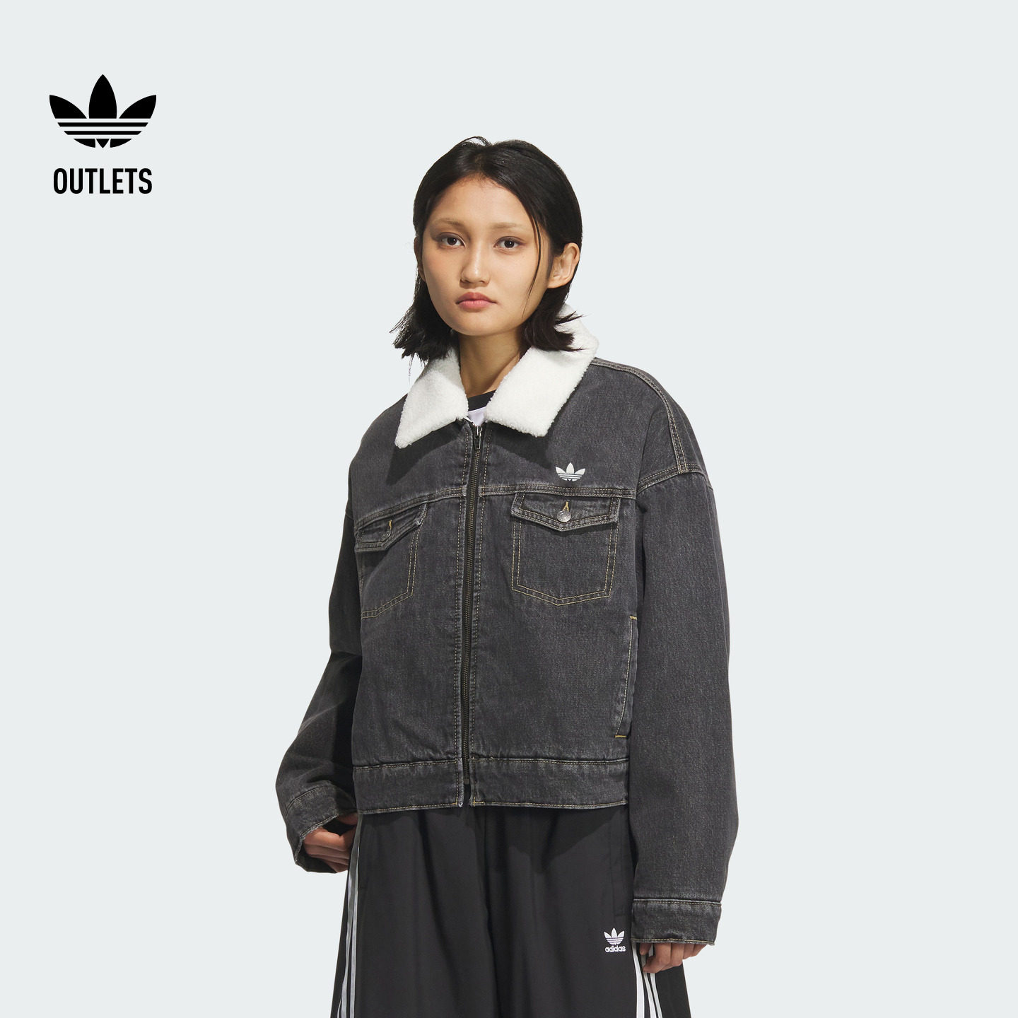 宽松翻毛领水洗牛仔运动保暖棉服女秋冬adidas阿迪达斯三叶草