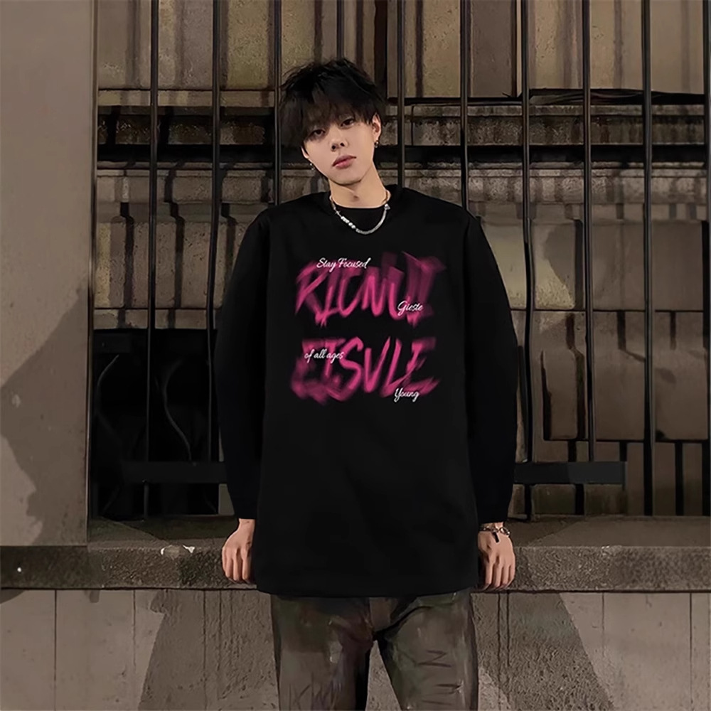 圆领无帽卫衣男款春秋2025新款潮牌痞帅炸街美式高街重磅黑粉上衣