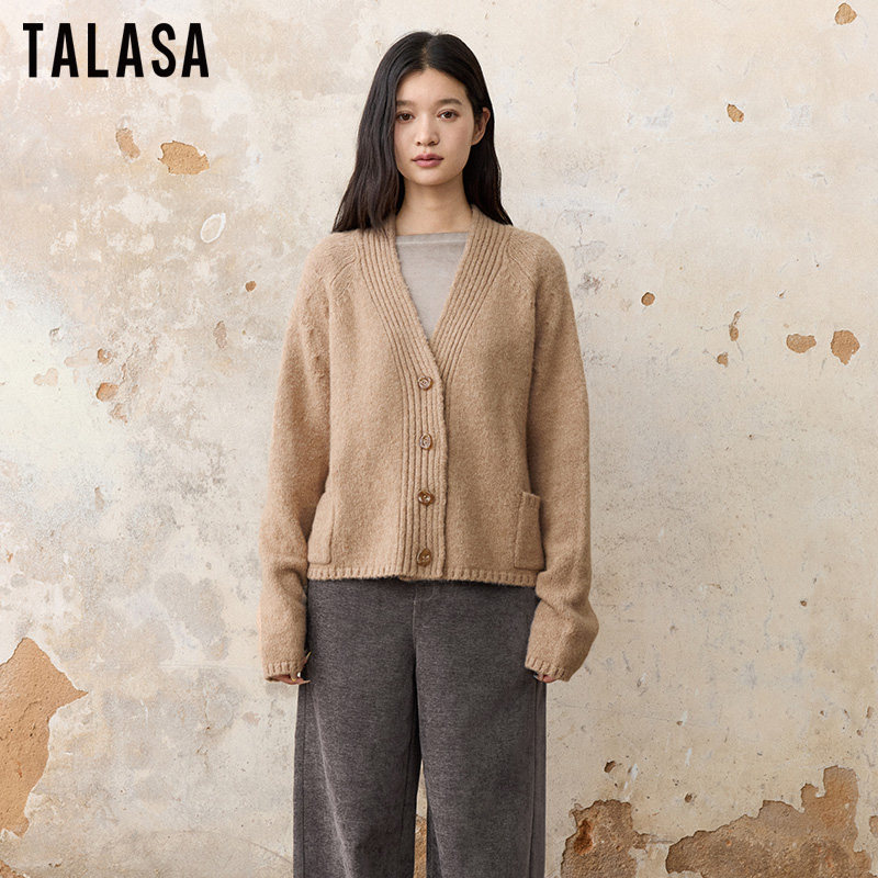 TALASA商场同款羊毛混纺毛衣外套女2026秋冬新款V领保暖百搭设计