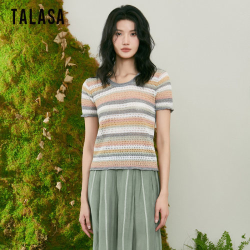 TALASA短袖T恤百搭复古亚麻针织