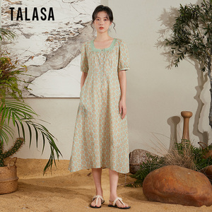 TALASA棉连衣裙2026年夏新款设计感工艺印花收腰显瘦优雅气质长裙