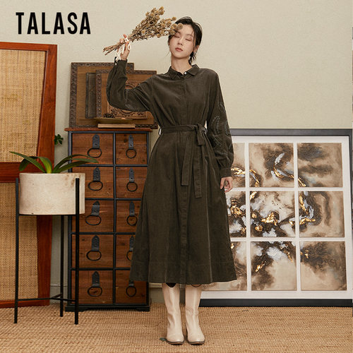 TALASA风衣式长裙灯芯绒刺绣设计