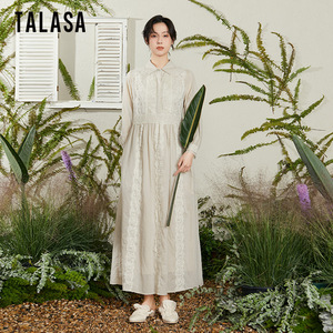 TALASA纯棉连衣裙2026年春夏新款法式复古蕾丝拼接设计显瘦衬衫裙