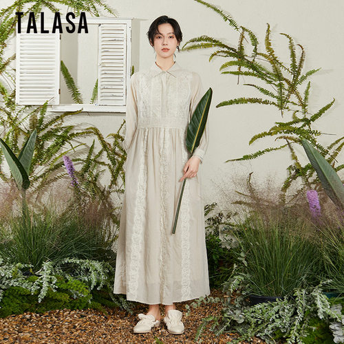 TALASA复古纯棉蕾丝拼接衬衫裙