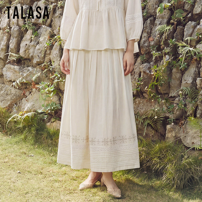 TALASA纯棉文艺风半身裙2026年夏新款松紧高腰花边刺绣设计百褶裙