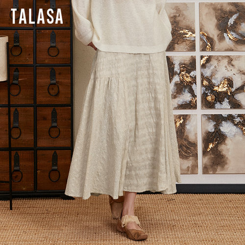 TALASA拼接设计A字刺绣长裙棉麻