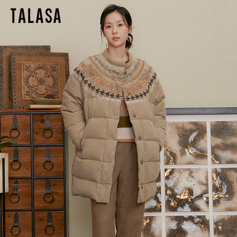 TALASA设计感刺绣长羽绒服白鹅绒
