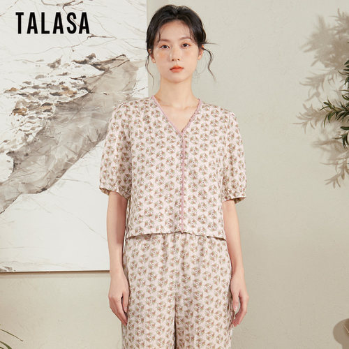 TALASA短袖复古T恤女亚麻印花