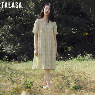 TALASA棉褶皱短袖 蕾丝花边复古浪漫风中长裙 连衣裙2026年早春新款