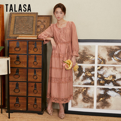 TALASA复古优雅拼接长裙丝棉显瘦