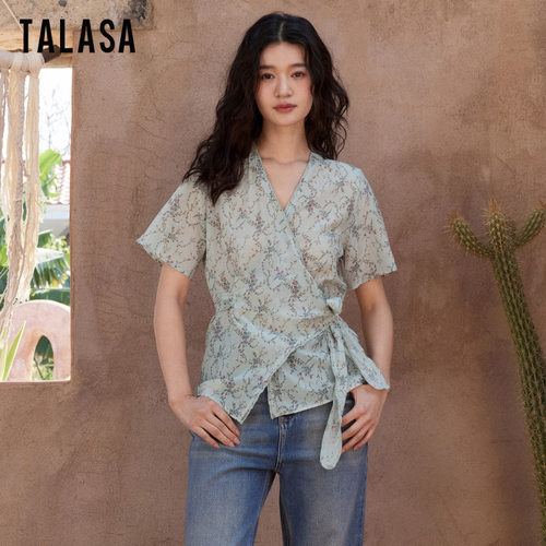 TALASA丝棉印花短袖T恤交叉绑带