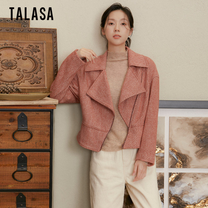 TALASA商场同款羊毛呢2025年秋冬新款复古机车风翻领夹克短外套女,女装/女士精品,毛呢外套,淘宝优惠券,粉丝福利购,淘宝优惠卷