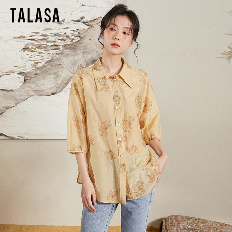 TALASA直筒复古丝棉刺绣衬衫