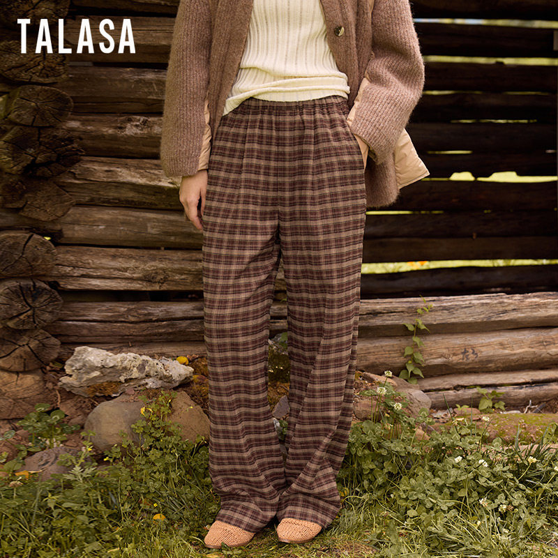 TALASA商场同款英伦复古格纹阔腿裤女2025冬新款松紧高腰百搭宽松,女装/女士精品,休闲裤,淘宝优惠券,粉丝福利购,淘宝优惠卷