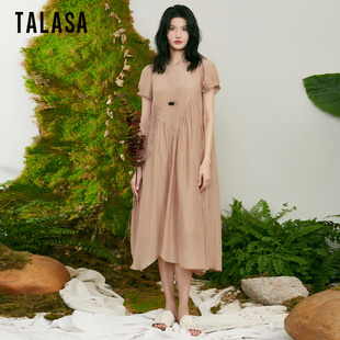 TALASA丝棉连衣裙2024年夏新款 不对称复古设计显瘦优雅气质长裙