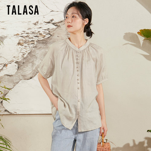 TALASA宽松百搭短袖苎麻设计衬衫