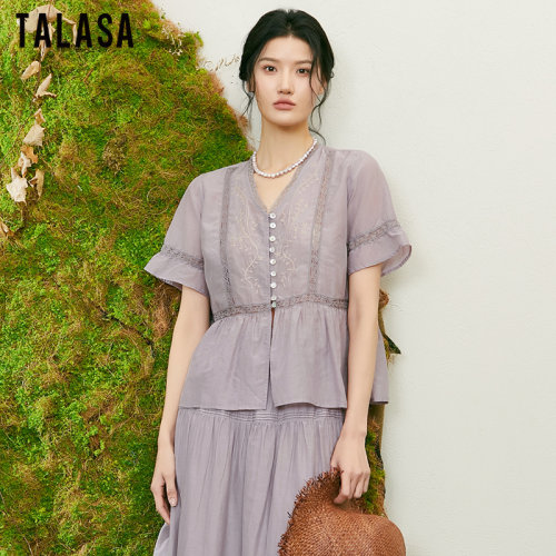 TALASA优雅丝棉刺绣小衫宽松显瘦