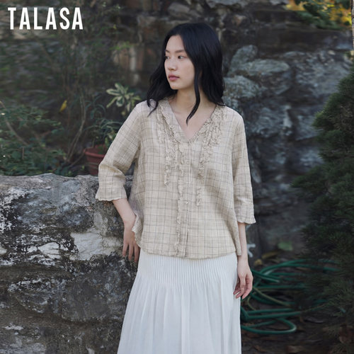 TALASA文艺格子丝棉V领衬衫女