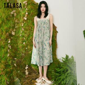 TALASA丝棉植物印花无袖连衣裙2026夏新款复古宽松浪漫度假风长裙