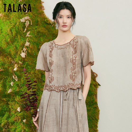 TALASA短袖薄款苎麻T恤刺绣设计
