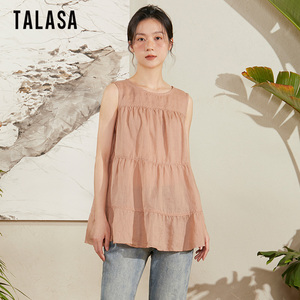 TALASA无袖苎麻吊带连衣裙2026新款夏短款清新气质宽松简约娃娃裙