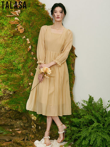 TALASA法式复古收腰长裙丝棉气质
