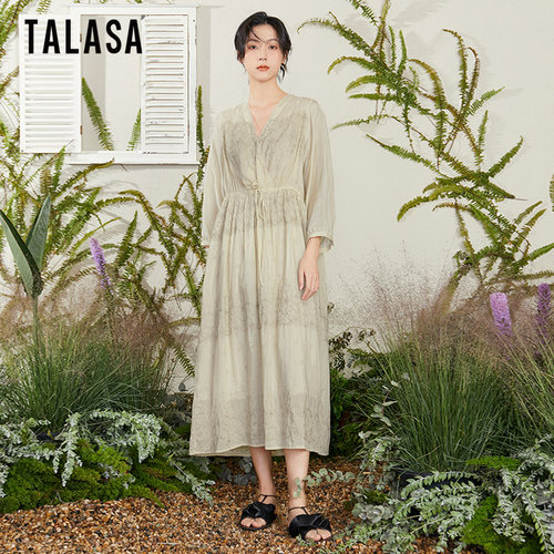 TALASA复古丝棉刺绣收腰时尚长裙
