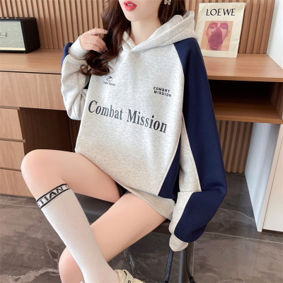 实拍 纯棉面复合超柔 加绒加厚复古字母印花插肩袖拼接连帽卫衣女