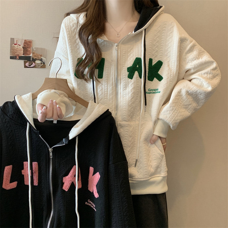 实拍 100涤 提花400克 【自有设计放心上】薄款卫衣女刺绣2023春