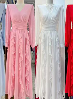 2026夏季新款时尚气质韩系V领纯色连衣裙女荷叶边显瘦超长长裙