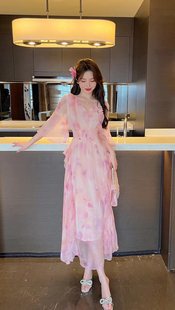 气质收腰荷叶边仙女长裙子 今年流行甜美碎花天丝真丝连衣裙女夏季