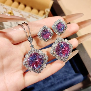 八角千禧玫瑰切冰川蓝项链玫红吊坠高碳钻炫彩碧玺耳钉彩宝戒指女