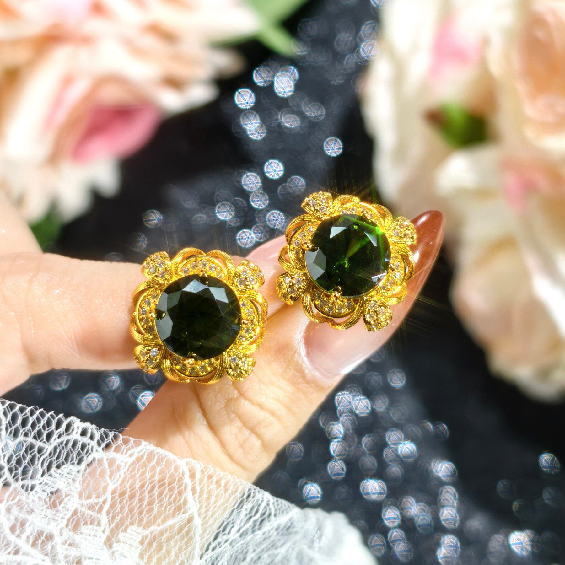 高定封底意大利重工拉丝仿真祖母绿开口戒指女 耳钉吊坠三件套