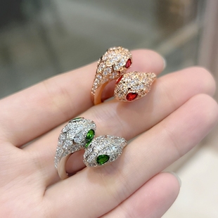 高级感奢华时尚满钻双蛇头戒指玫瑰金满钻百搭高碳钻气质蛇开口戒