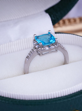 欧美长方形海宝蓝戒指女时尚简约