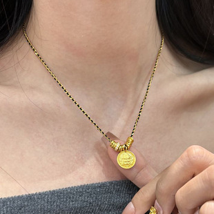 黄财神编绳碎金子项链女古法新中式财神爷圆牌吊坠过年饰品不掉色