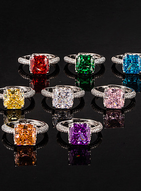 欧美风格奢华高碳钻正方紫色戒指女名媛风时尚彩宝冰花切锆石钻戒