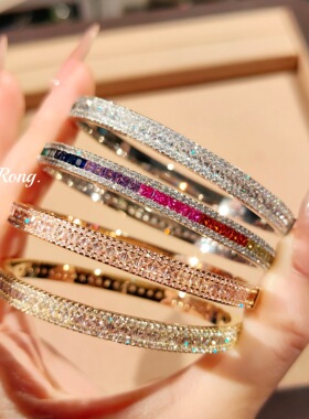 奢华优雅轻奢彩宝手镯重工微镶高碳钻锆石七彩碧玺弹簧卡扣手环女